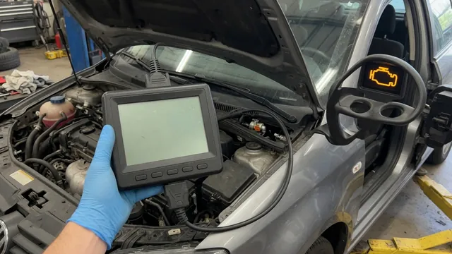 Diagnostic scan tool displaying P1446 beside a vehicle dashboard with an illuminated check engine light