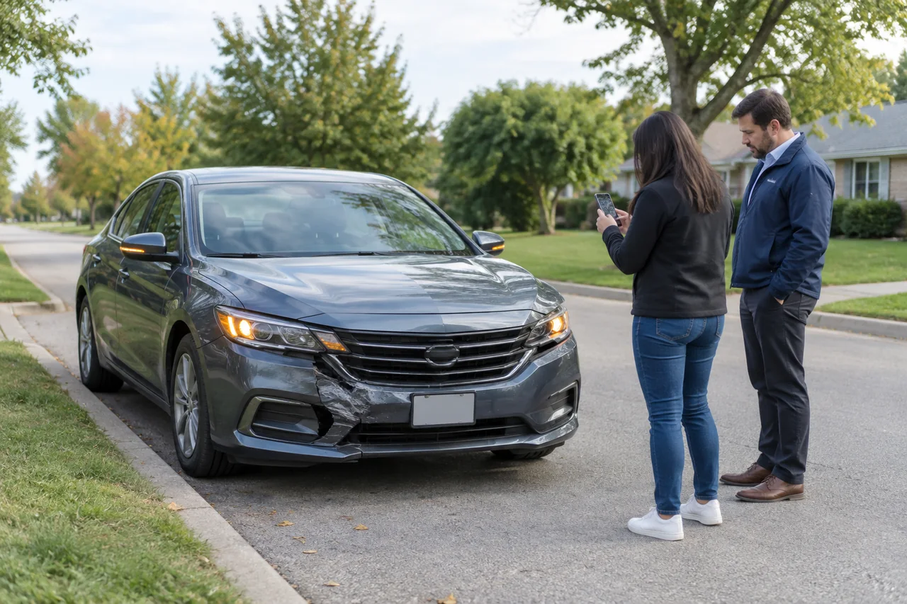 Test-drive car with minor bumper damage parked on a roadside while a driver and salesperson document the damage
