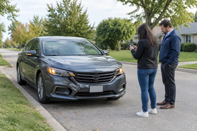 Test-drive car with minor bumper damage parked on a roadside while a driver and salesperson document the damage