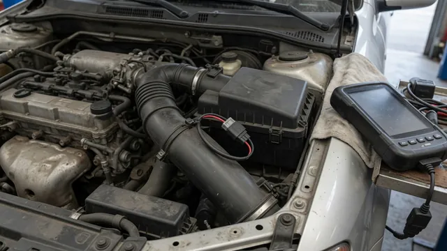 Intake air temperature sensor connector near an engine air intake with a diagnostic scanner nearby