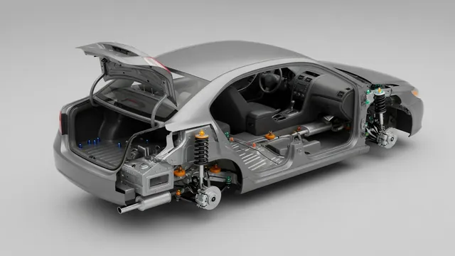 Car illustration highlighting suspension, drivetrain mounts, exhaust hangers, and rear cargo areas