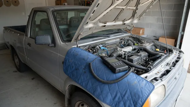 Older compact pickup with hood open in a garage and a code scanner on the fender, ready for rough idle diagnosis