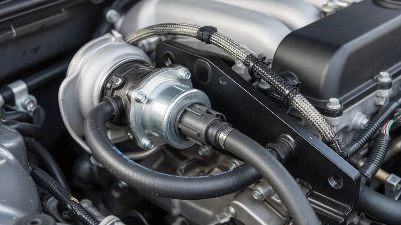 Turbocharger wastegate control solenoid with an electrical connector and vacuum hoses