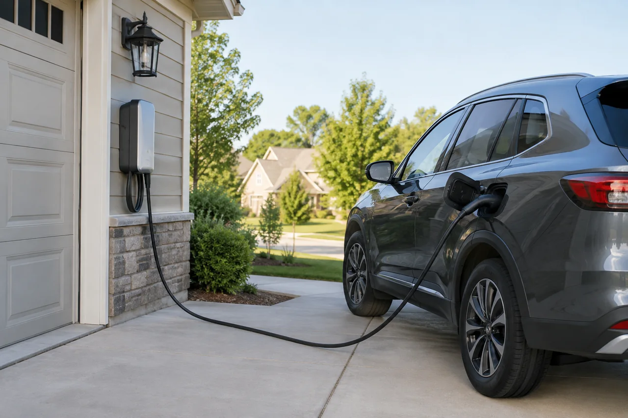 Home EV charging station mounted beside a garage with a neatly stored cable and an electric car parked nearby