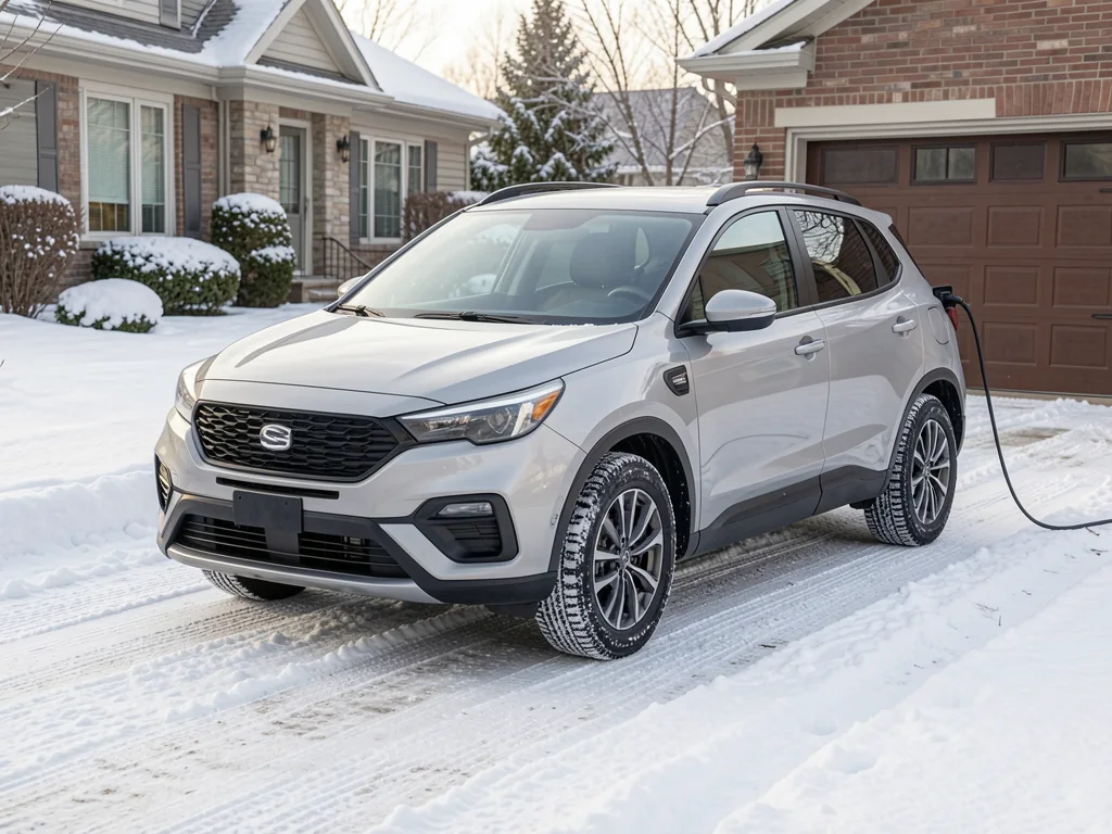 AWD compact car parked on a plowed snowy driveway with winter tire tread visible