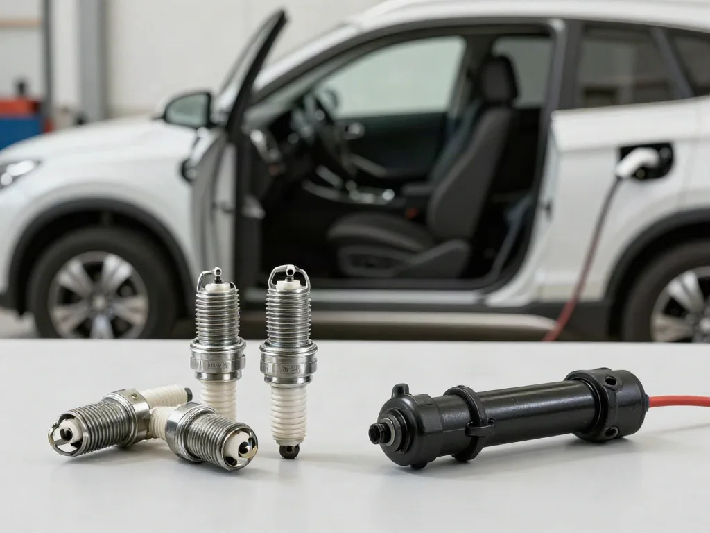 Spark plugs and an ignition coil arranged on a clean automotive service bench