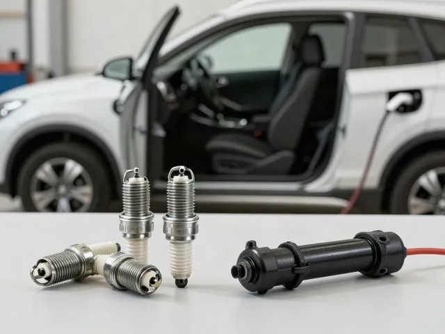 Spark plugs and an ignition coil arranged on a clean automotive service bench