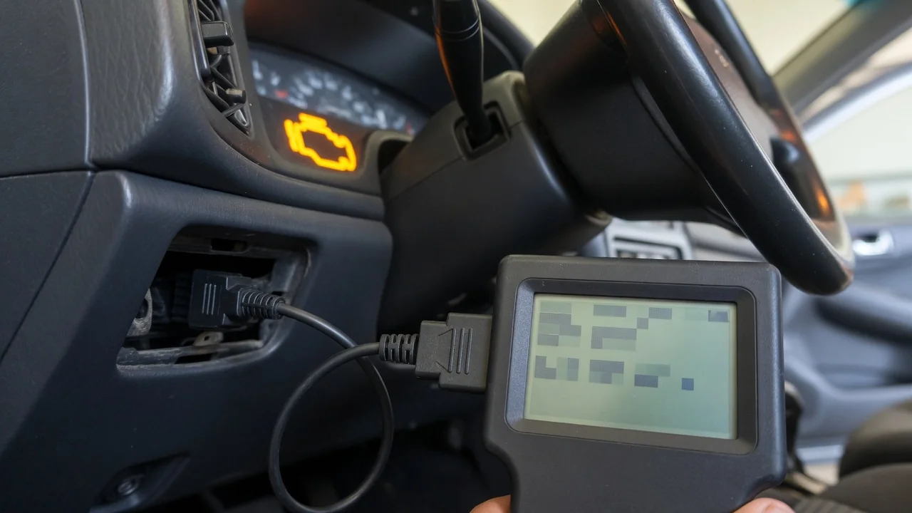 OBD-II scan tool plugged into a car's diagnostic port to read a check engine trouble code