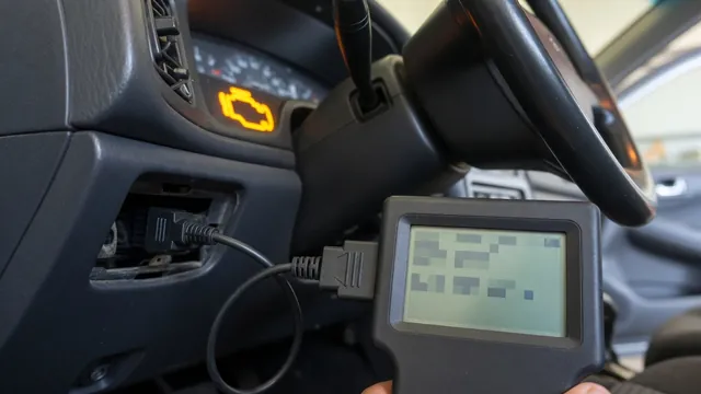 OBD-II scan tool plugged into a car's diagnostic port to read a check engine trouble code