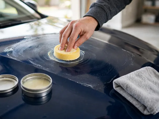 Hand applying car wax with a foam applicator pad to a glossy dark blue car hood in a garage