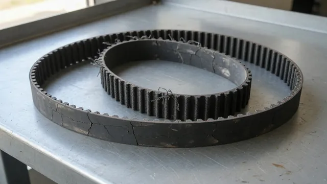 Close-up of a removed timing belt showing surface cracks, worn teeth, and frayed edges