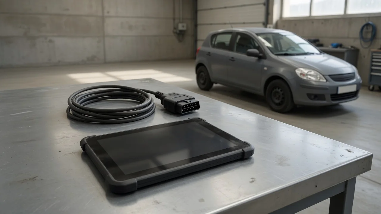 Diagnostic scanner displaying P1005 beside a parked vehicle in an automotive workshop