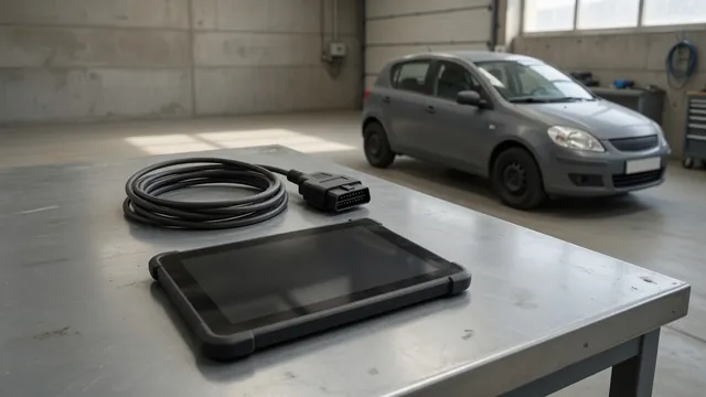 Diagnostic scanner displaying P1005 beside a parked vehicle in an automotive workshop