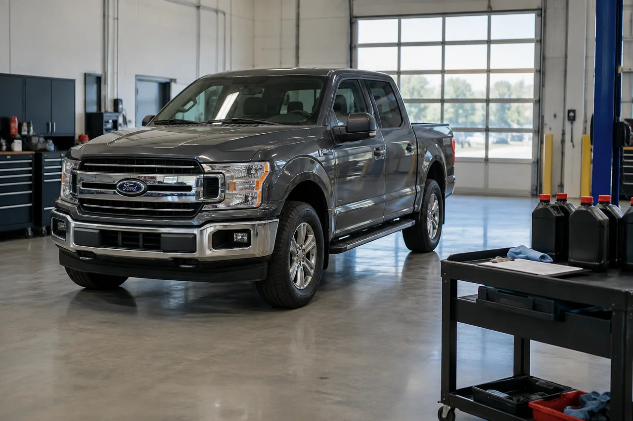 Ford F-150 parked in a service bay with sealed transmission fluid containers on a nearby cart