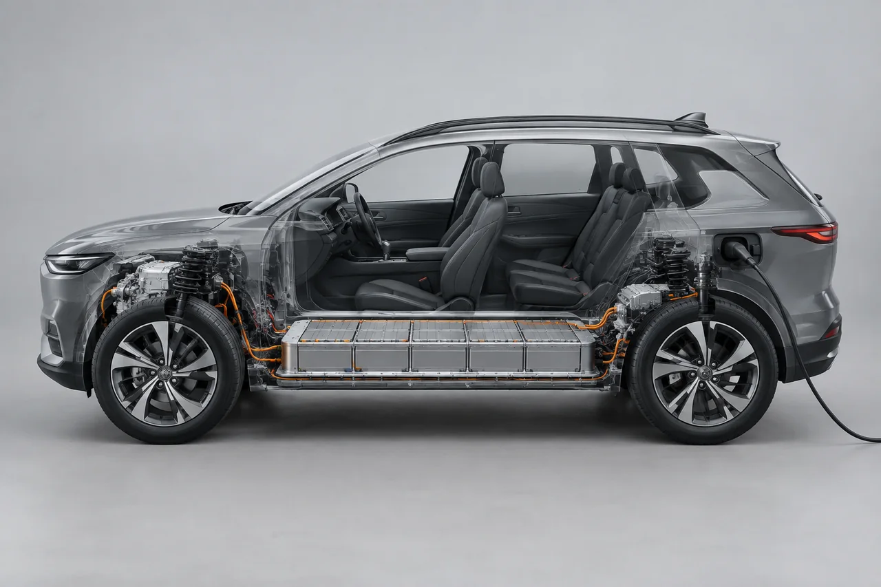Cutaway of an electric SUV showing a flat high-voltage battery pack under the cabin floor between the axles