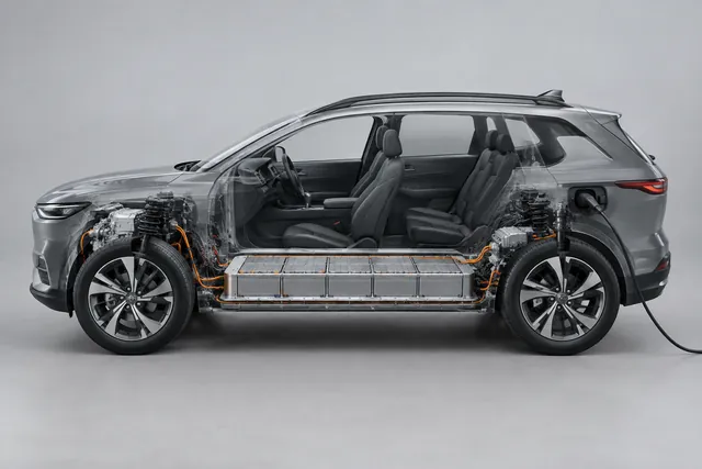 Cutaway of an electric SUV showing a flat high-voltage battery pack under the cabin floor between the axles