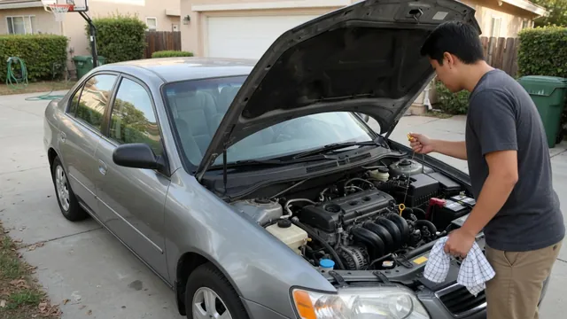 Parked car with its hood open and an oil dipstick being inspected after an oil change