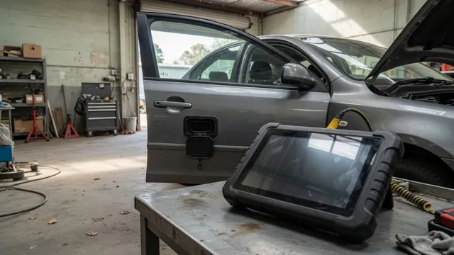 Diagnostic scan tool displaying P1065 beside a parked vehicle in a repair shop
