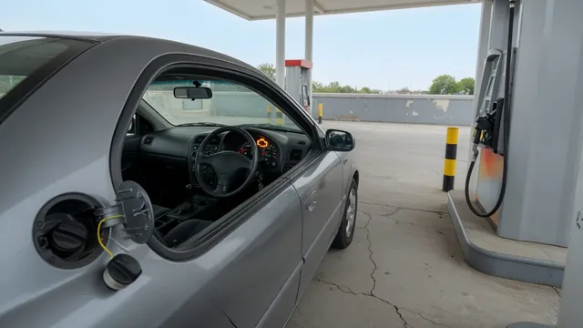 Sedan at a gas pump with the fuel door open and an amber check engine light on the dashboard