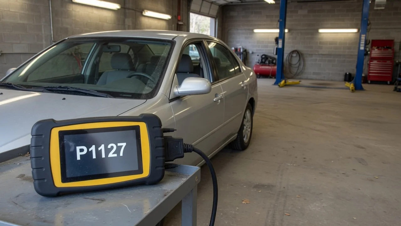 Diagnostic scan tool displaying P1127 beside a parked vehicle in an automotive service bay