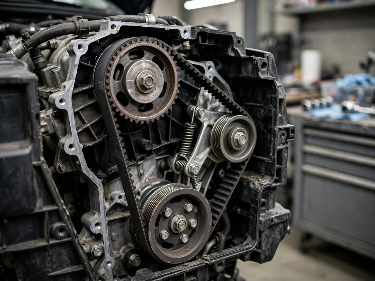 Illustration of a timing belt, pulleys, and tensioner in an automotive engine
