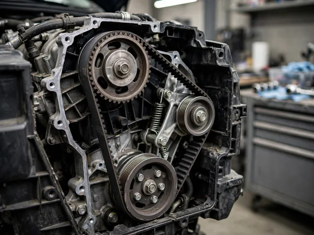 Illustration of a timing belt, pulleys, and tensioner in an automotive engine