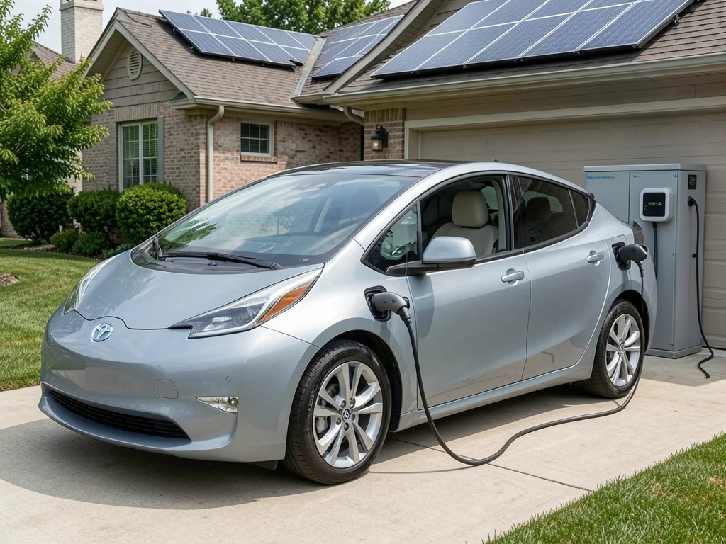 Electric car connected to a home charger beside rooftop solar panels and stationary battery storage