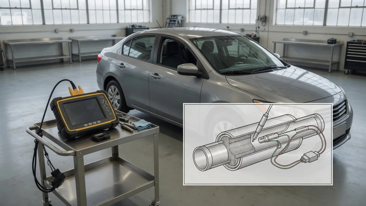 Scan tool beside a parked vehicle with a schematic showing catalyst temperature monitoring components