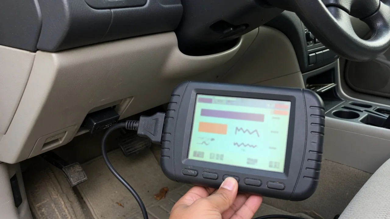 OBD-II scan tool connected under a car dashboard to read a P1485 manufacturer-specific trouble code