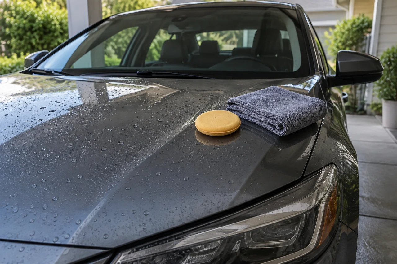 Water droplets on a freshly washed car hood with a wax applicator and microfiber towel nearby