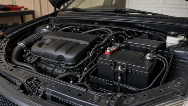 Engine bay of a compact car with a newly installed battery while the engine idles roughly