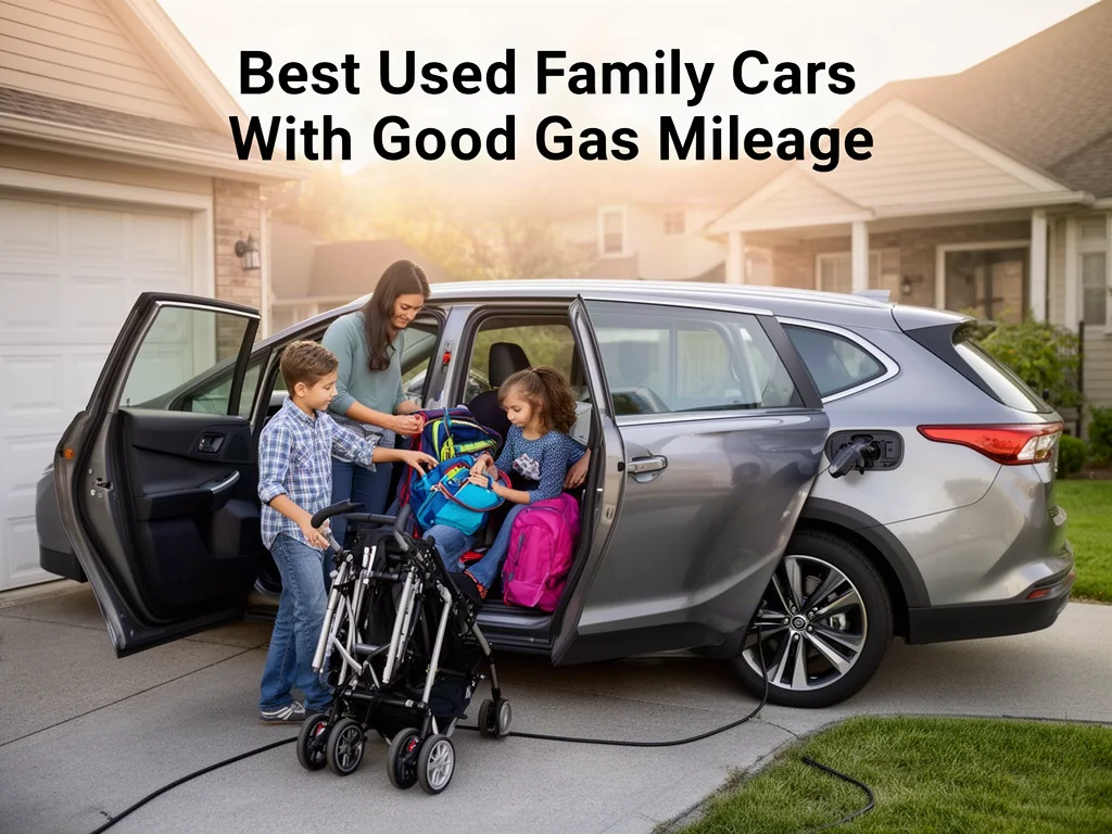 Family loading a stroller and backpacks into a parked car in a suburban driveway