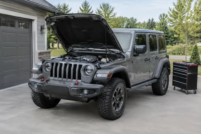 Jeep Wrangler parked with its hood open for a crankcase ventilation inspection