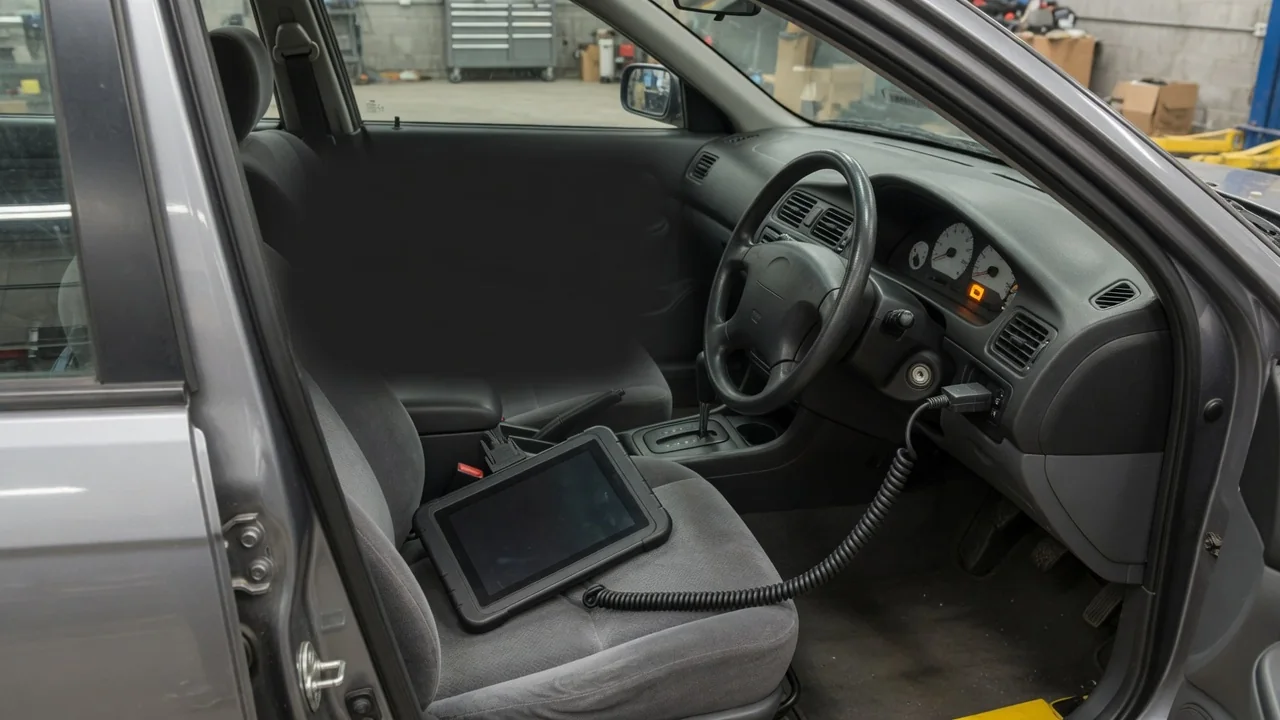 Diagnostic scanner beside a vehicle dashboard with a check engine light illuminated