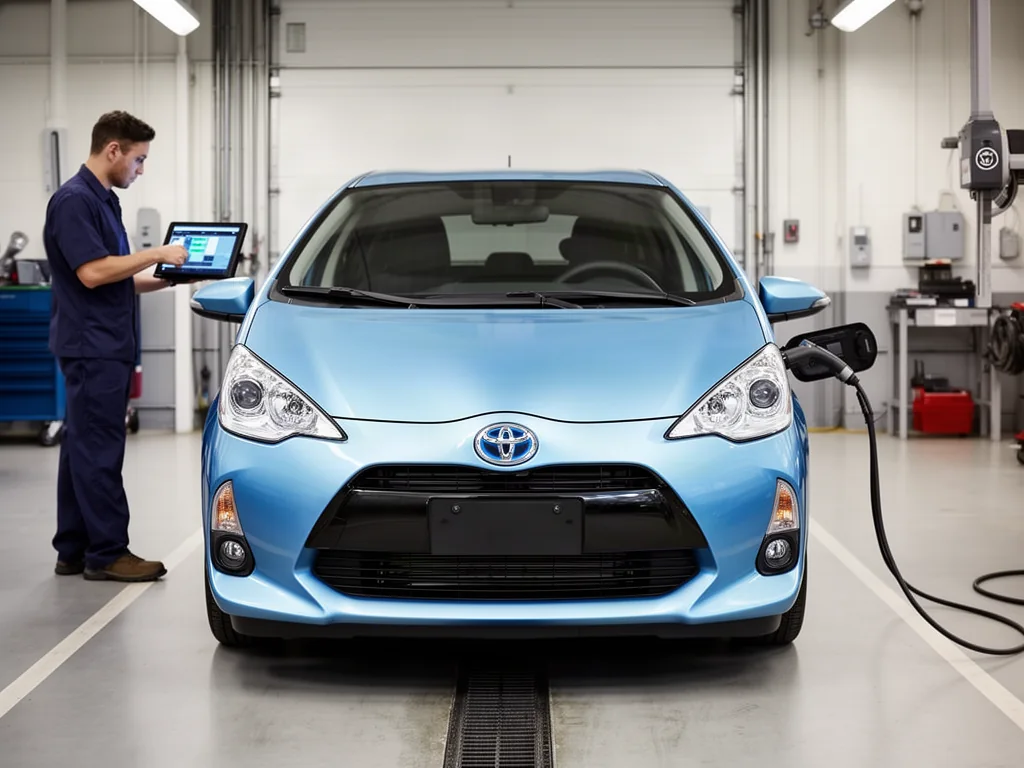 Toyota Prius c parked in a clean service bay for a hybrid battery assessment