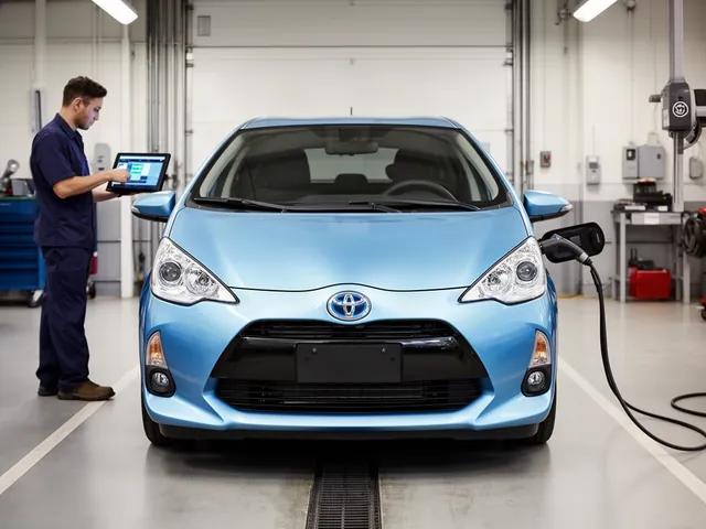 Toyota Prius c parked in a clean service bay for a hybrid battery assessment