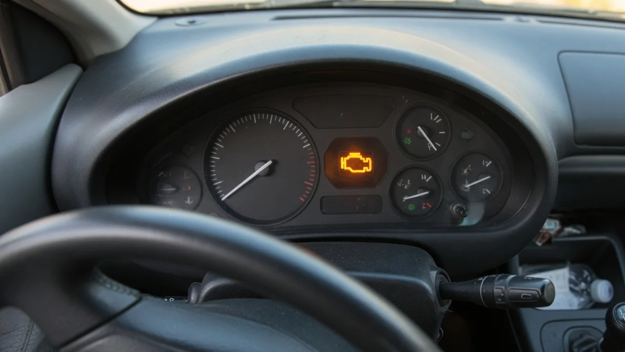 Dashboard tachometer showing low engine idle with a check engine light illuminated