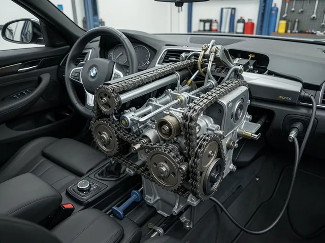 Illustration of a timing chain, sprockets, guides, and tensioner in a BMW engine