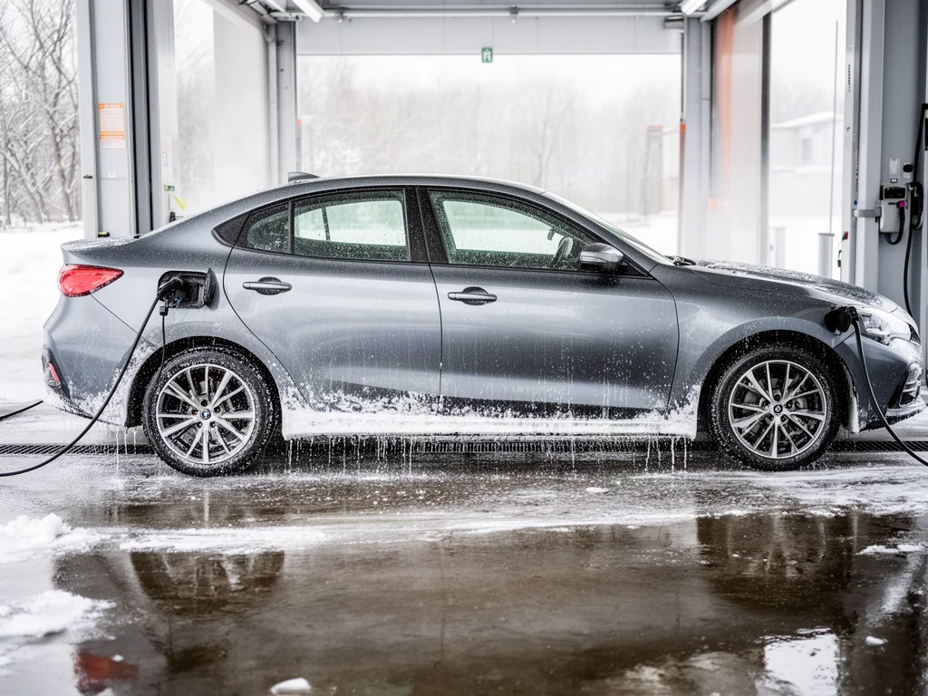 Car being rinsed at a wash bay to remove winter road salt from the lower body and wheel wells