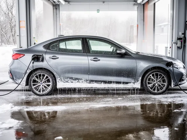 Car being rinsed at a wash bay to remove winter road salt from the lower body and wheel wells