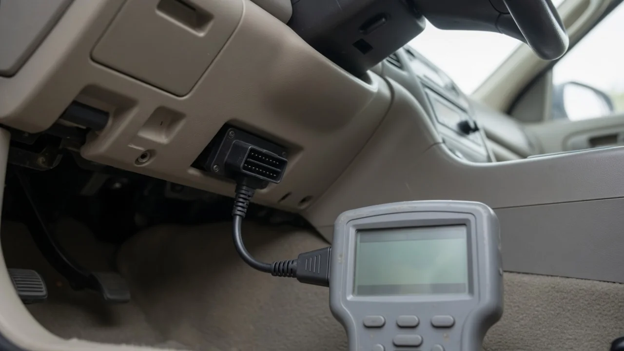 Handheld scan tool plugged into a car's diagnostic port, showing stored body system trouble codes