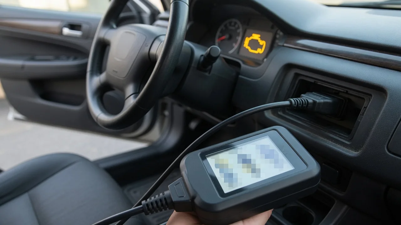 Handheld OBD-II scan tool connected under a car dashboard, reading a trouble code while the check engine light is on