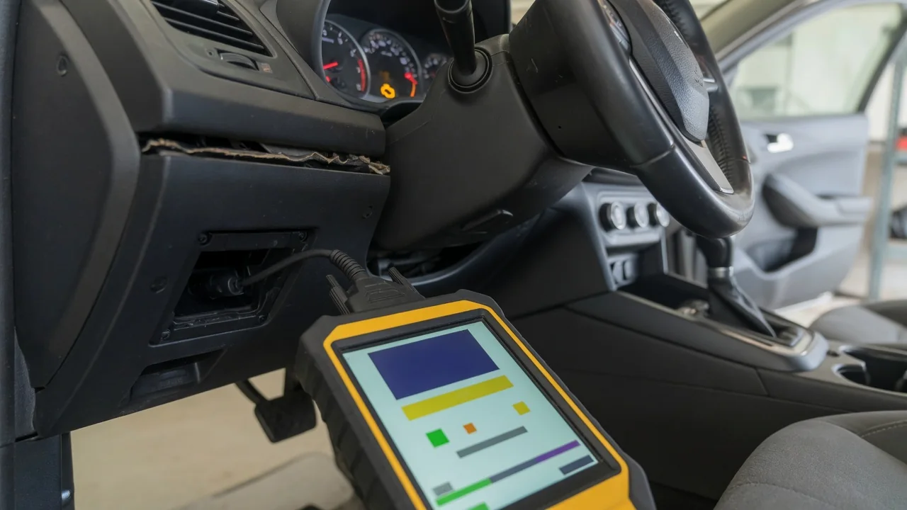 OBD-II scan tool plugged into a car diagnostic port, reading a manufacturer-specific trouble code