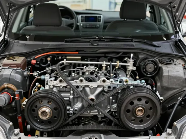 Stationary serpentine belt and pulley assembly with a laser alignment tool positioned for inspection.