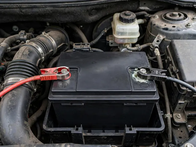 Car battery with labeled positive and negative posts, cable clamps, and visible corrosion around one terminal.