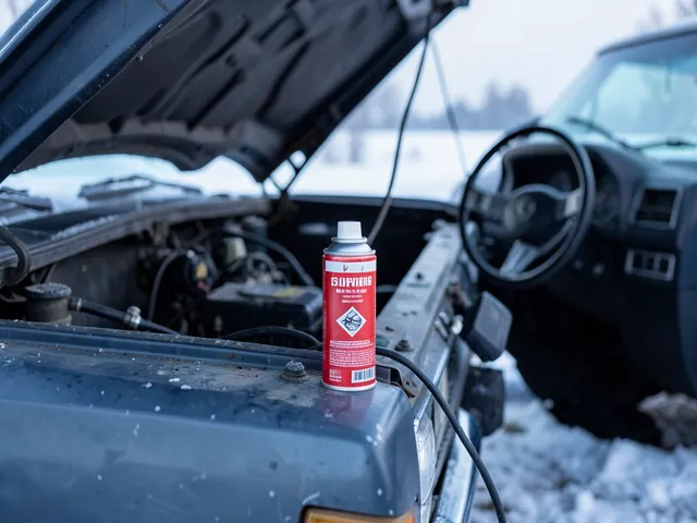 Can of starting fluid sitting on the fender of a pickup truck with the hood open on a cold, frosty morning