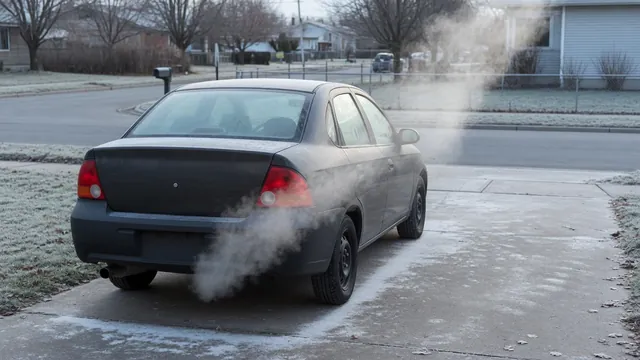 A light plume of white exhaust drifting from a parked car on a cold morning