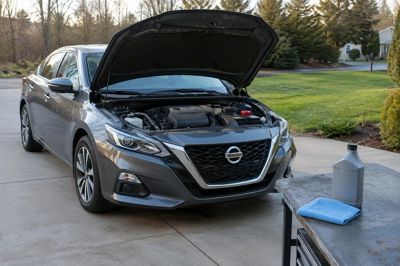 Engine oil bottle and dipstick beside a Nissan Altima with its hood open