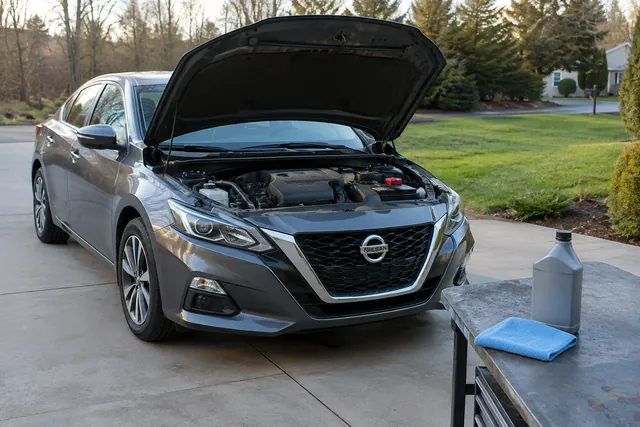 Engine oil bottle and dipstick beside a Nissan Altima with its hood open