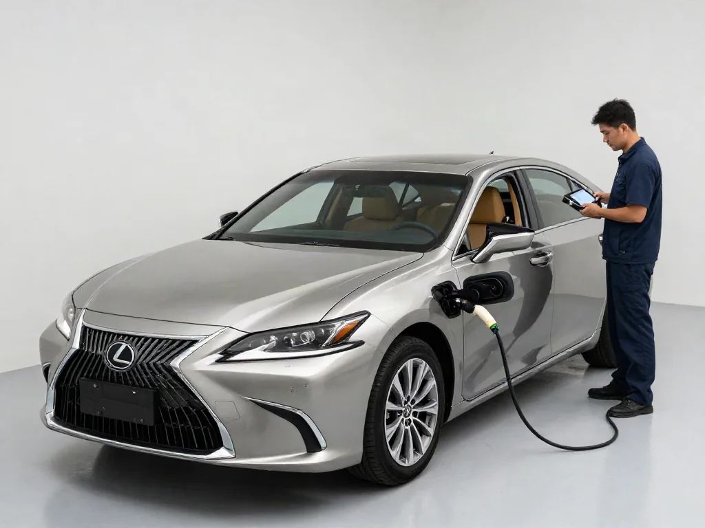 Lexus ES 300h parked in a service bay for a hybrid battery assessment